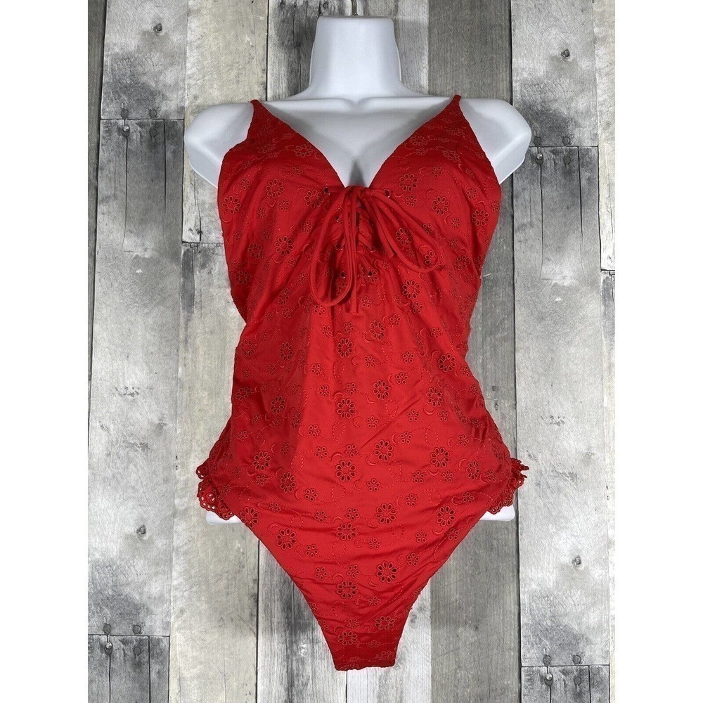 NWT BOND-EYE AUSTRALIA Eyelet Lace-Up One-Piece Swimsuit Women’s Red Sz-L - Picture 2 of 10